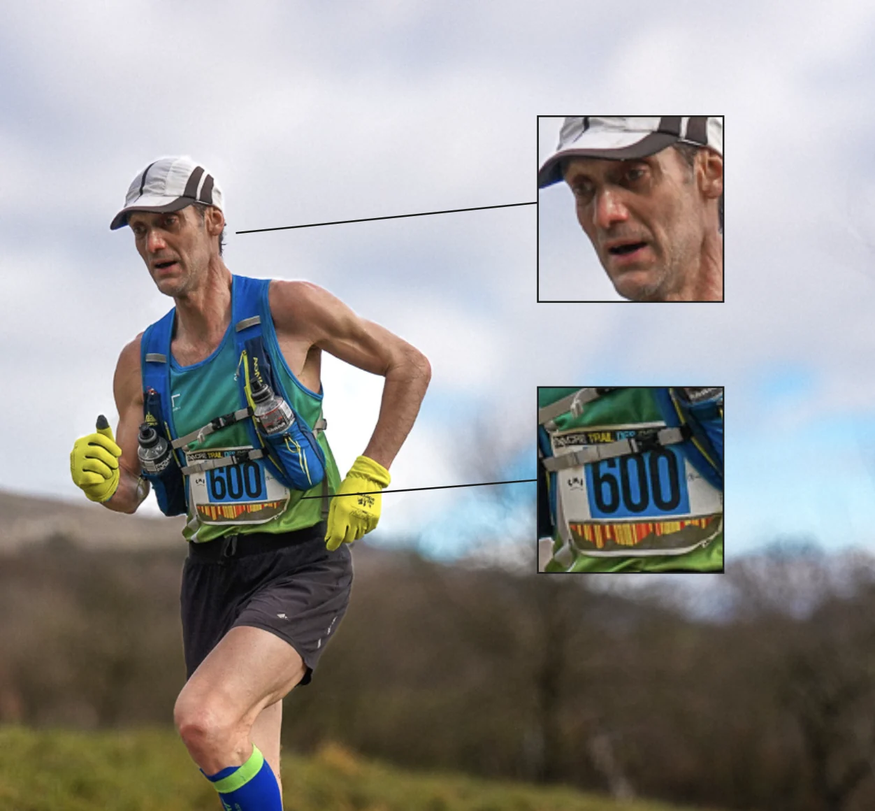Un coureur photographié en course, avec deux agrandissements : son visage et son dossard, les deux repères qui permettent de retrouver ses photos